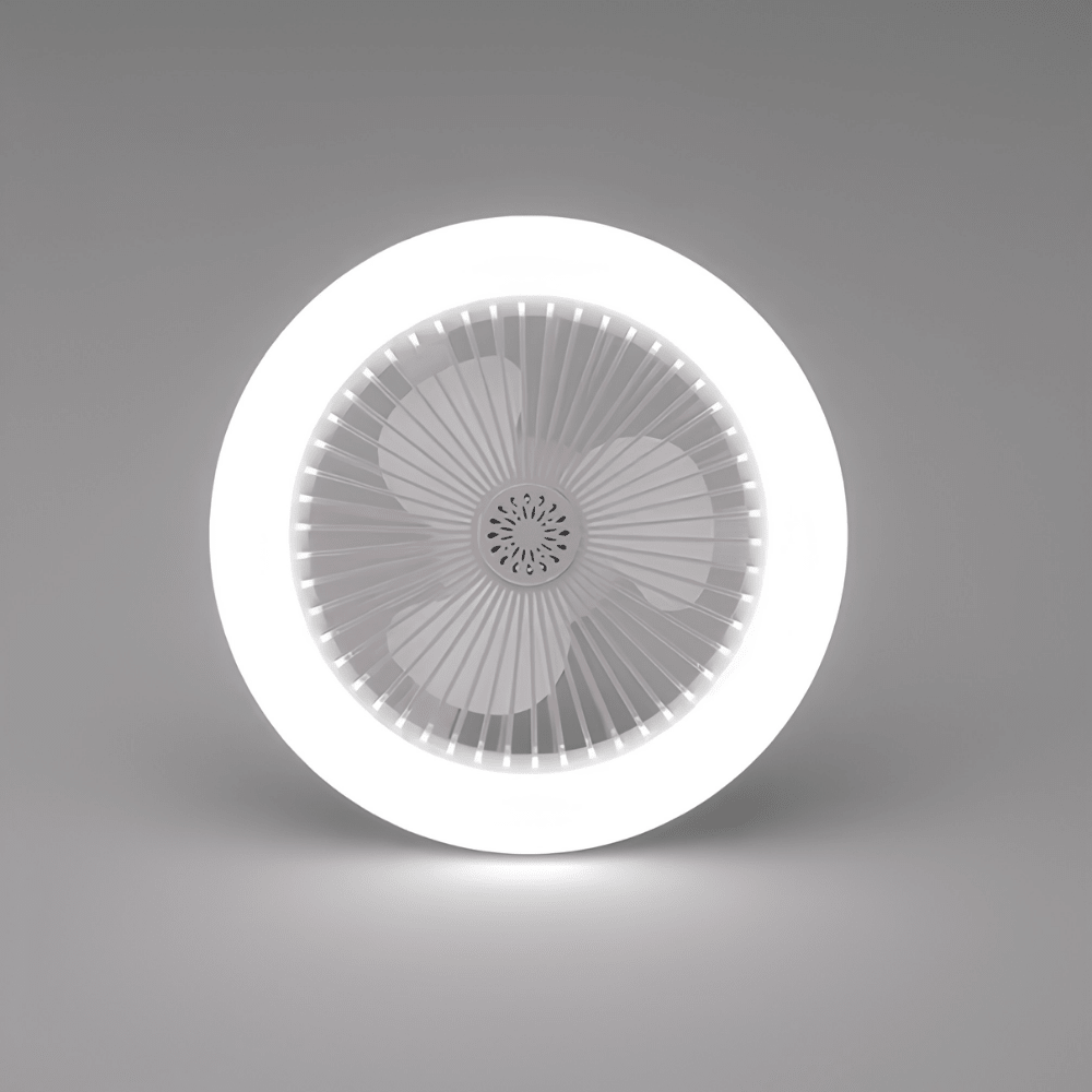 Front view of the glowing LED ceiling fan and integrated blades