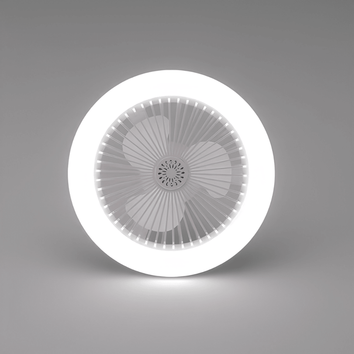 Front view of the glowing LED ceiling fan and integrated blades
