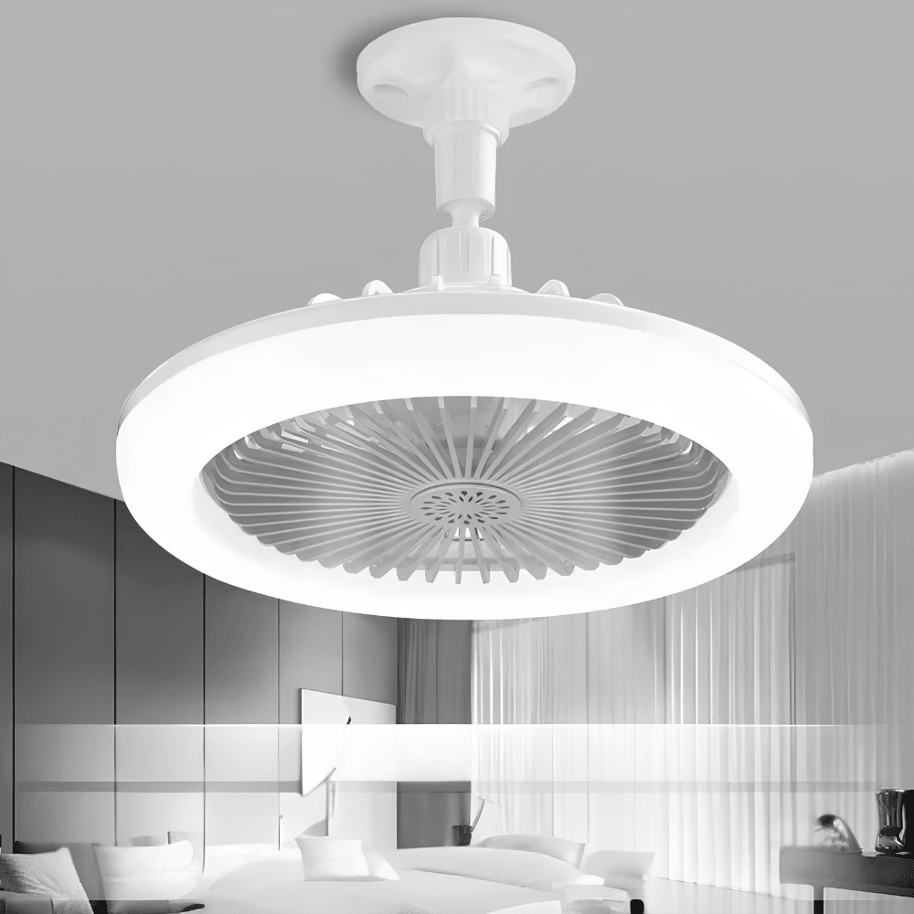Modern white LED ceiling fan installed in a contemporary bedroom setting