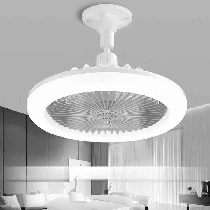 Modern white LED ceiling fan installed in a contemporary bedroom setting