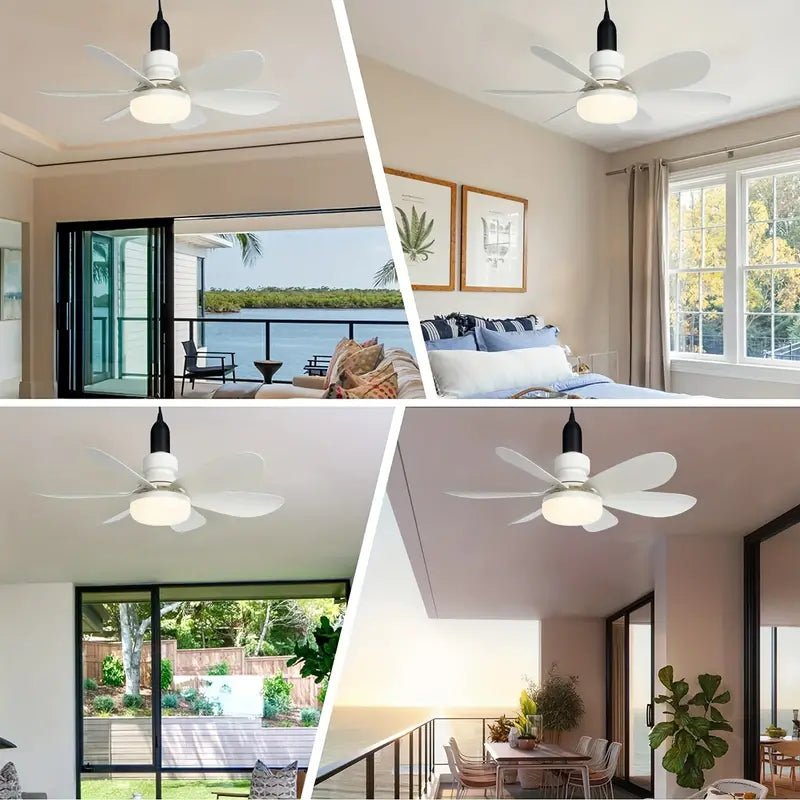Close-up of remote control for modern LED ceiling fan with dimmable light