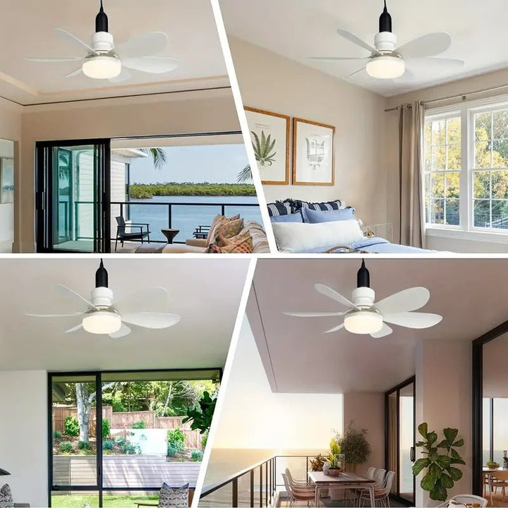 Close-up of remote control for modern LED ceiling fan with dimmable light