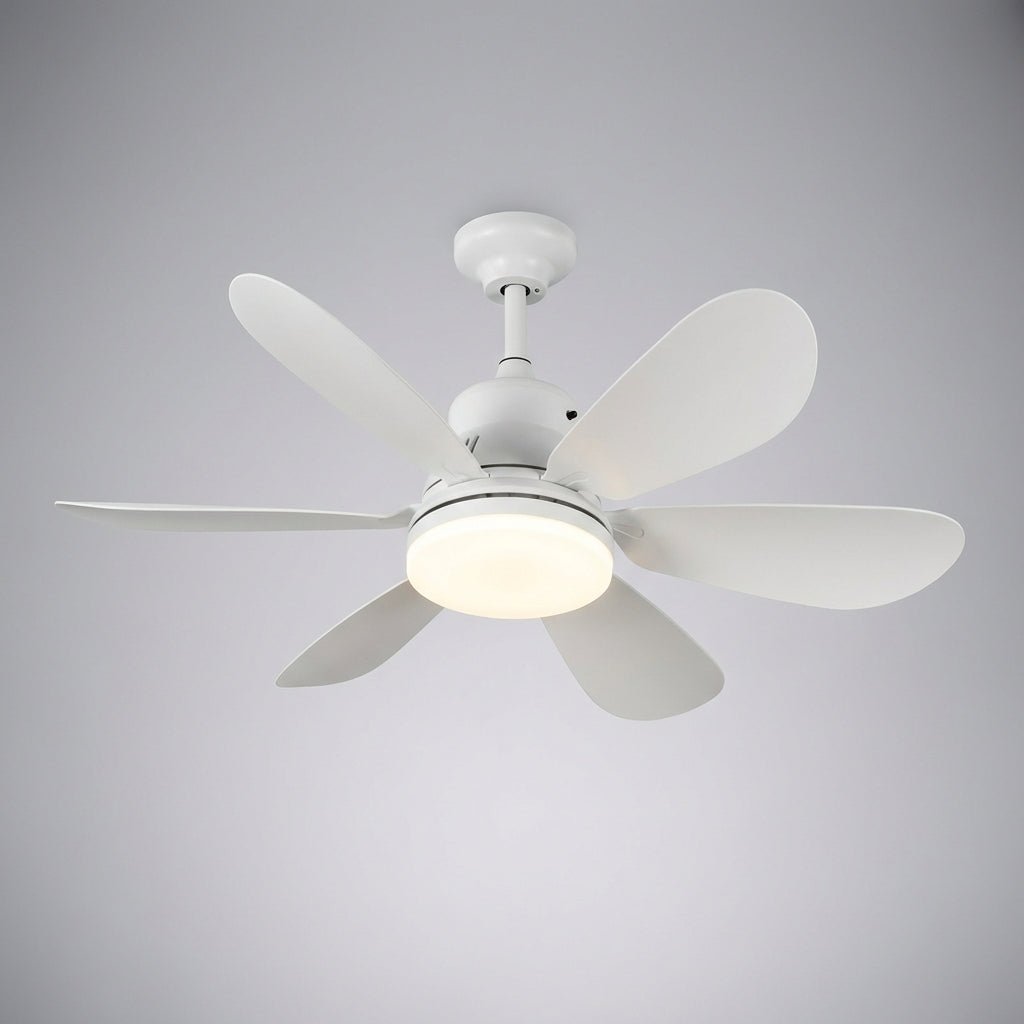 Modern white LED ceiling fan with glowing light and multiple blades against a neutral background