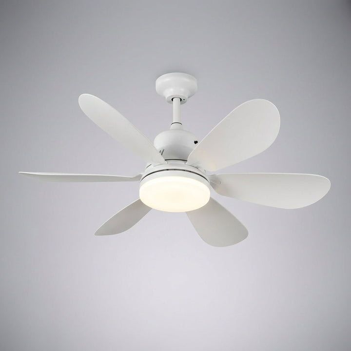 Modern white LED ceiling fan with glowing light and multiple blades against a neutral background