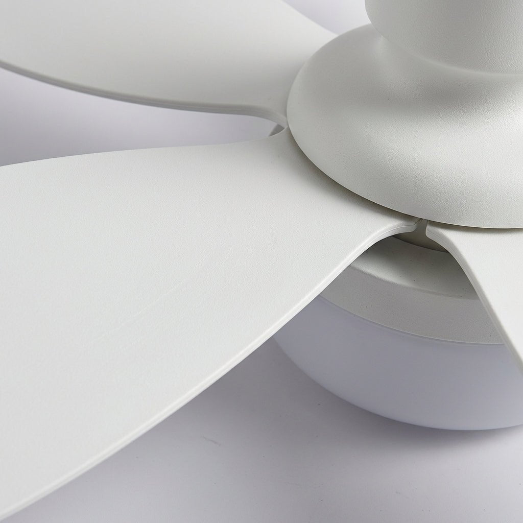 Modern dimmable LED ceiling fan showing integrated light panel and blades
