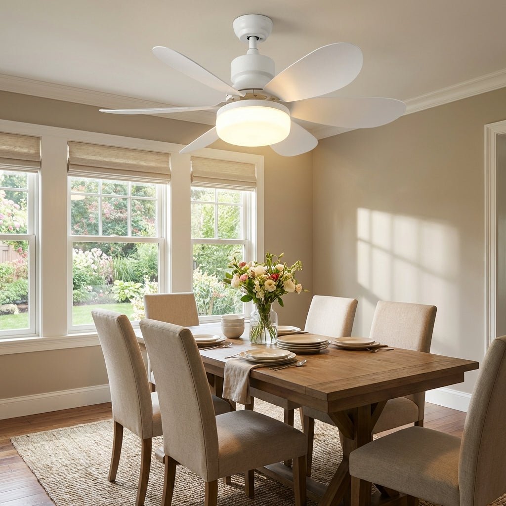 White ceiling fan with integrated LED light installed in a brightly lit dining room with wooden table