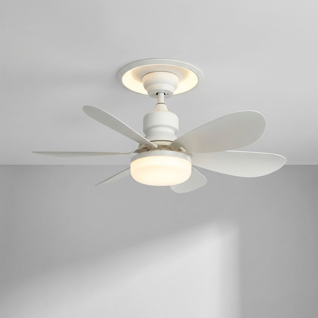 Sleek white ceiling fan and integrated dimmable LED light fixture mounted on a clean ceiling
