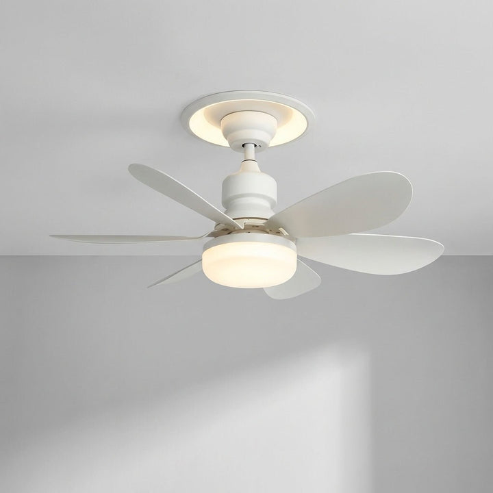Sleek white ceiling fan and integrated dimmable LED light fixture mounted on a clean ceiling