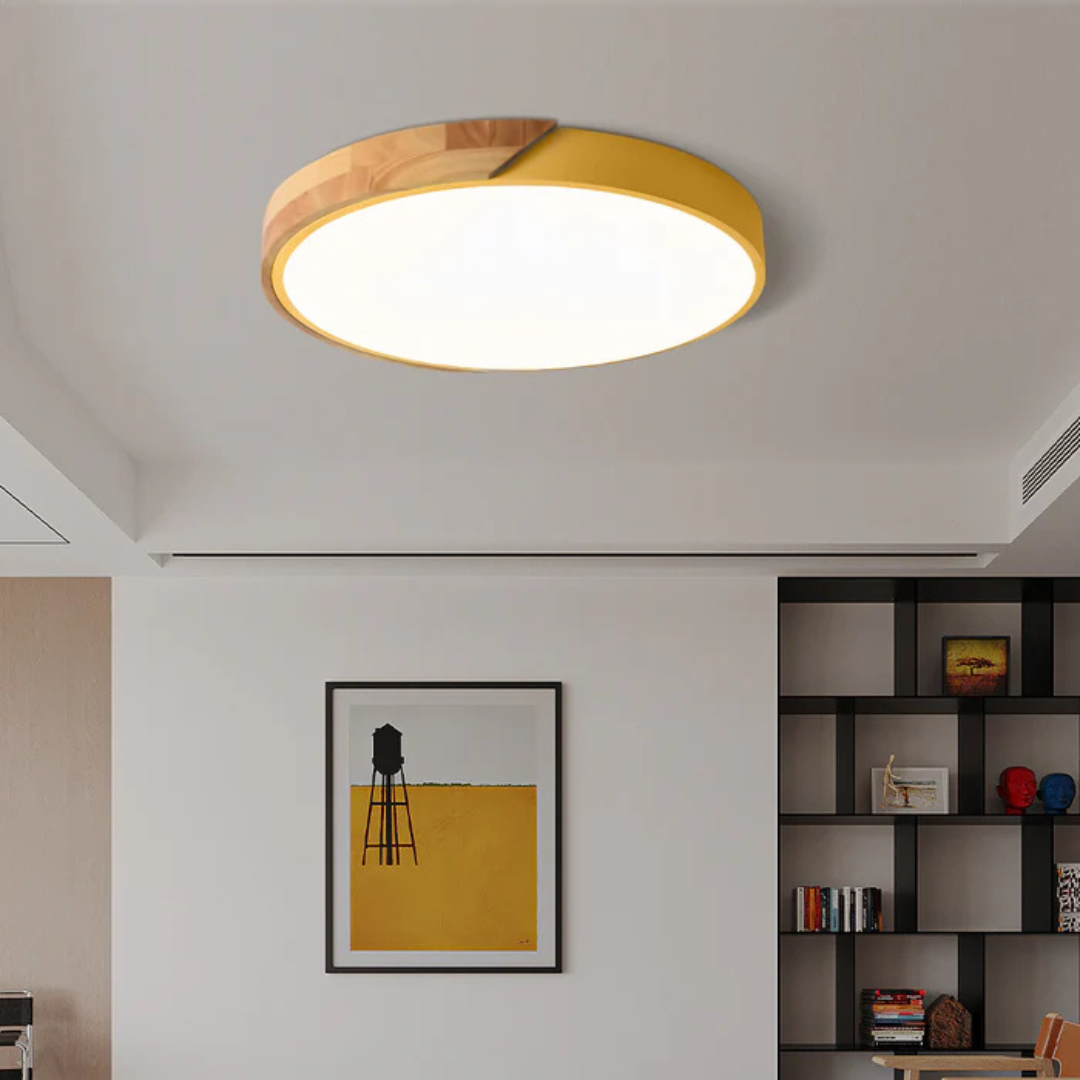 Contemporary home decor featuring the scandinavian wooden LED ceiling lamp lit up