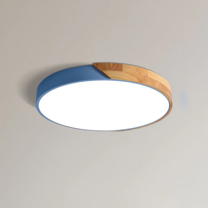 Minimalist scandinavian wooden LED ceiling light close-up showing wood grain texture