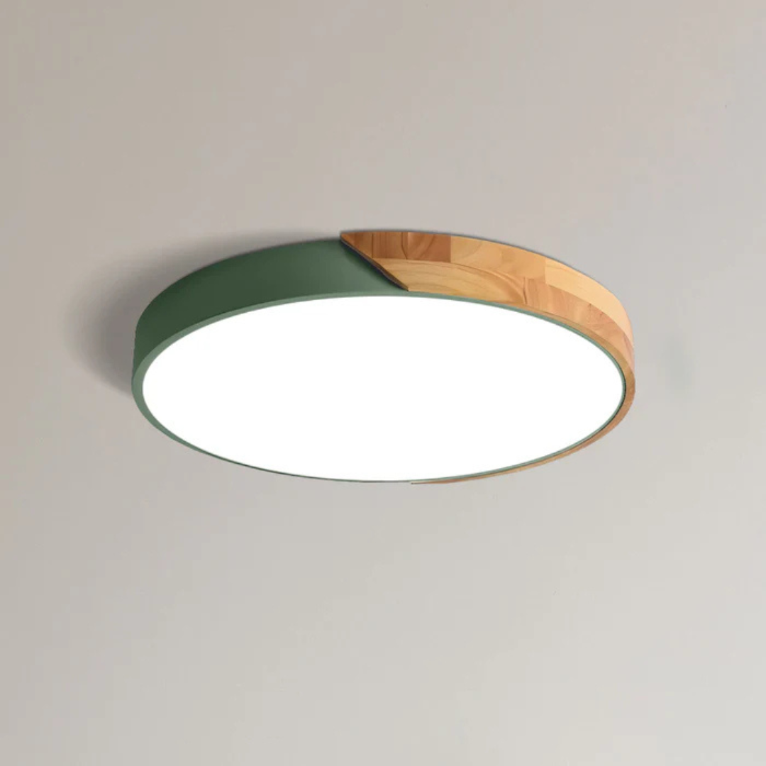Modern wooden light fixture mounted on a white ceiling for living room lighting
