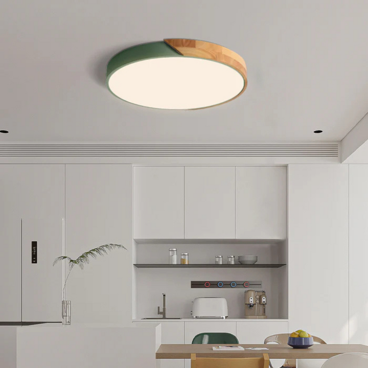 Detailed side profile of the wooden ceiling light fixture showing slim profile