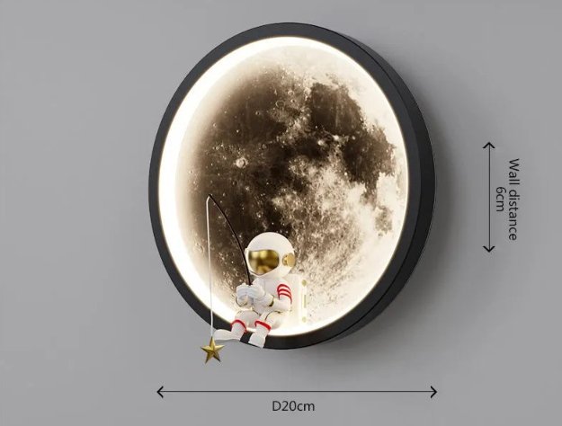 Close-up of the textured LED moon wall sconce highlighting its unique surface and warm lighting.