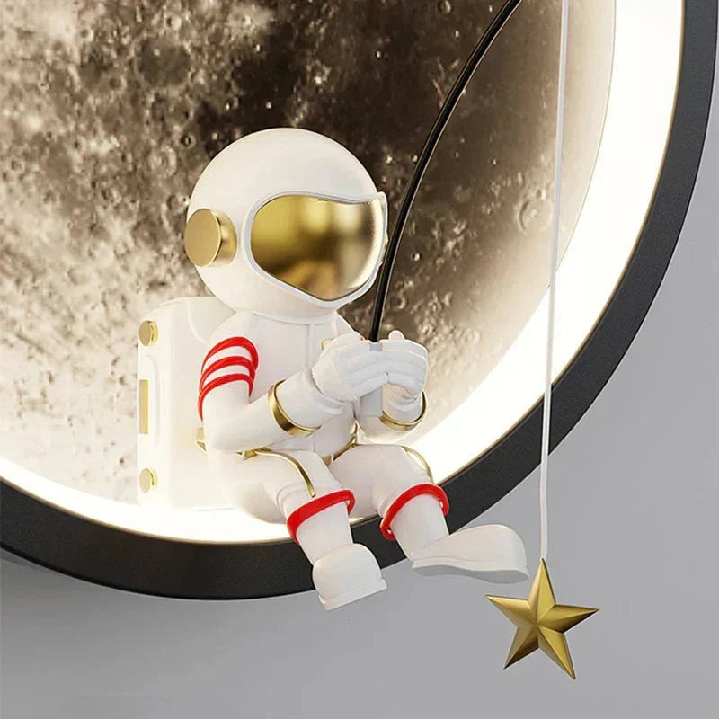 Modern LED moon wall lamp glowing in a dim bedroom, showcasing 3D textured design.