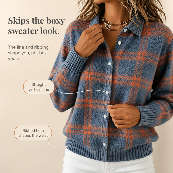 Detailed view of the shirt collar on the womens plaid knit cardigan