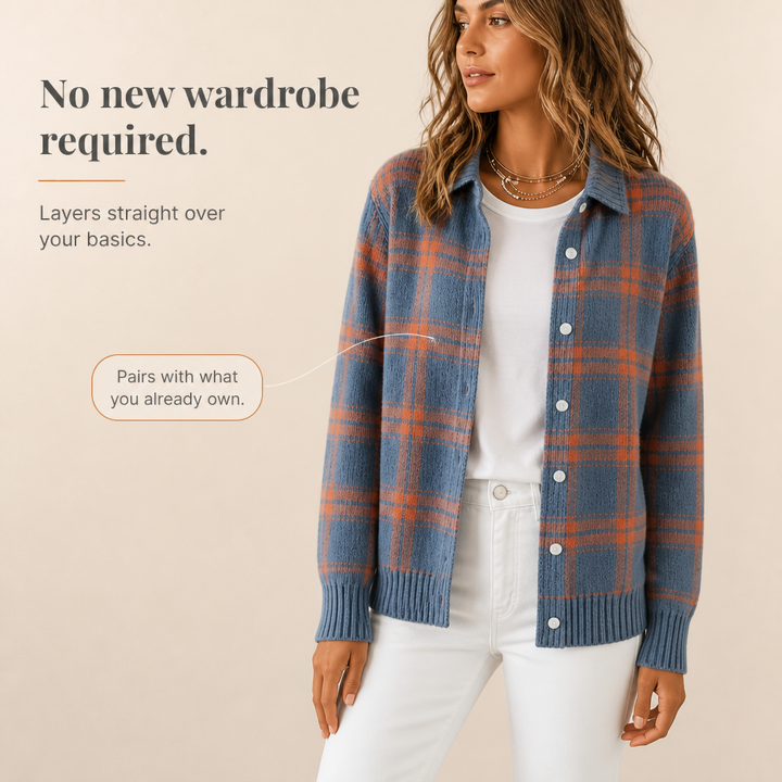 Hemline detail of the womens plaid knit shirt-collar cardigan