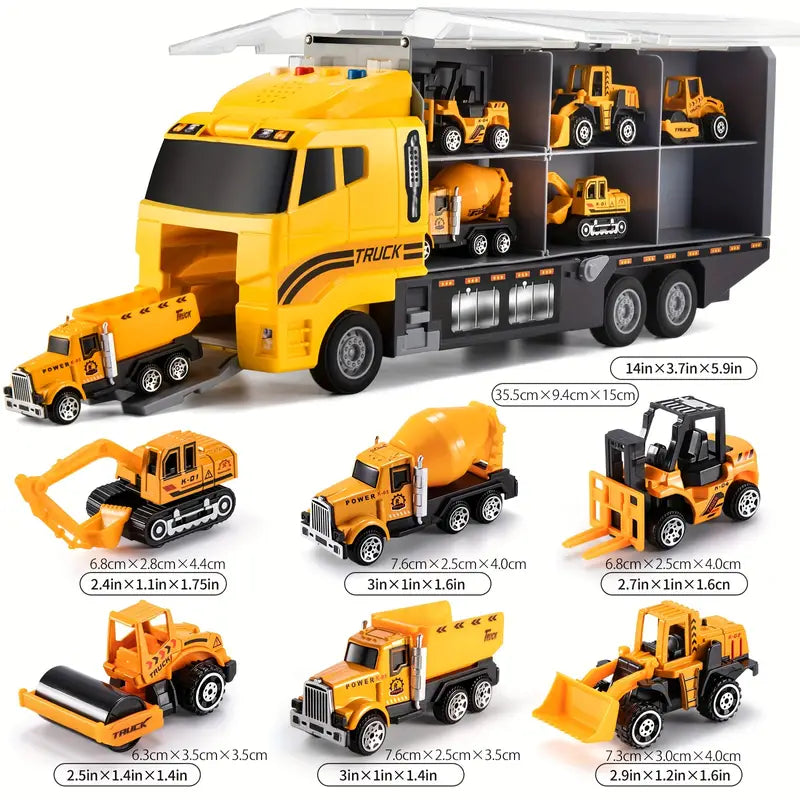 Large yellow transport carrier truck displaying multiple mini construction vehicles and individual dimension measurements