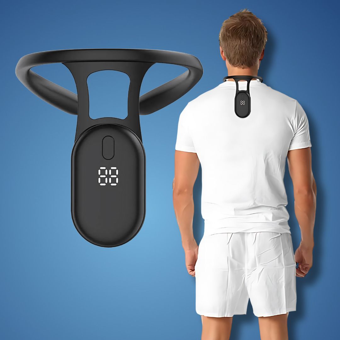 Smart cervical spine posture corrector device shown with a user wearing it on their upper back