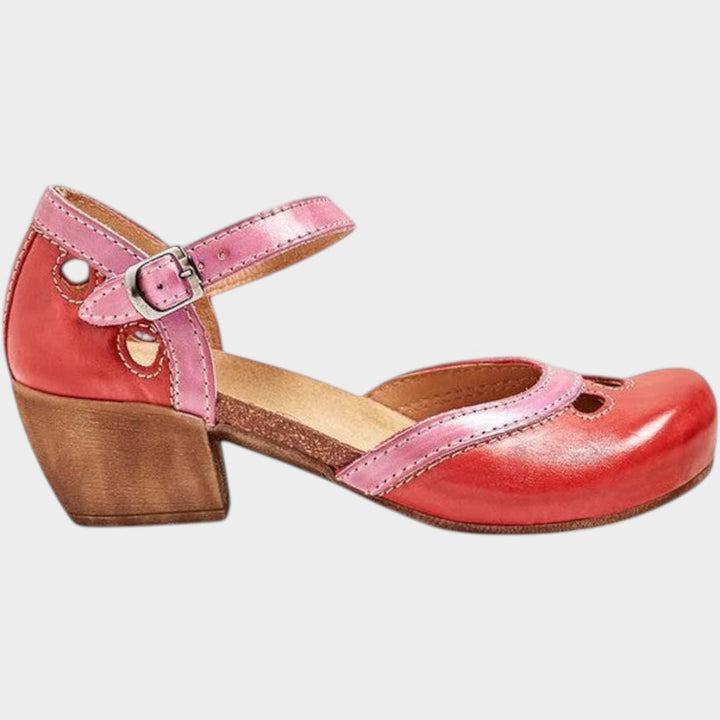 Side view of women's vintage ankle strap block heel sandals showing arch support