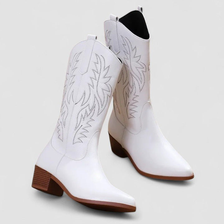 Back view of fashion cowboy boots for women highlighting the pull tabs and stacked heel