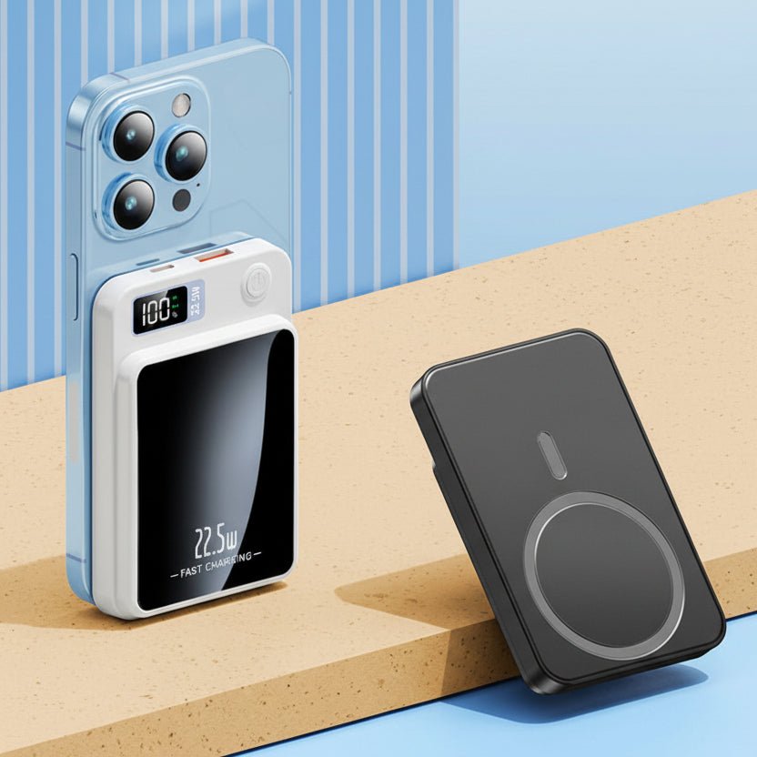Portable 20000mAh charger connected to a smartphone via USB cable