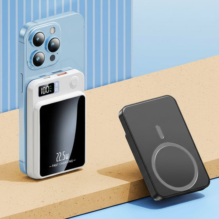 Portable 20000mAh charger connected to a smartphone via USB cable