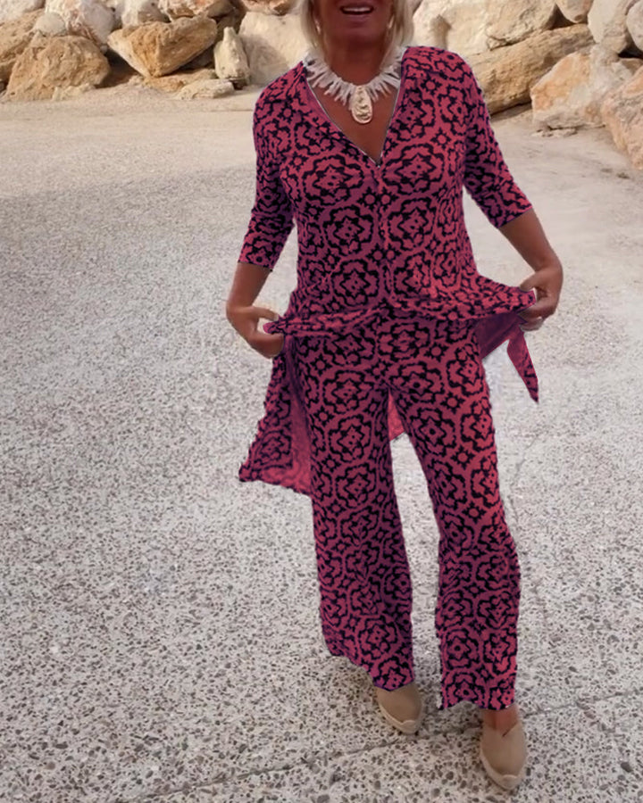 Full outfit shot of women's stylish printed tunic and wide-leg pants set