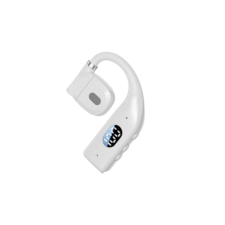 Detailed view of black bluetooth headset acoustic driver and ear hook