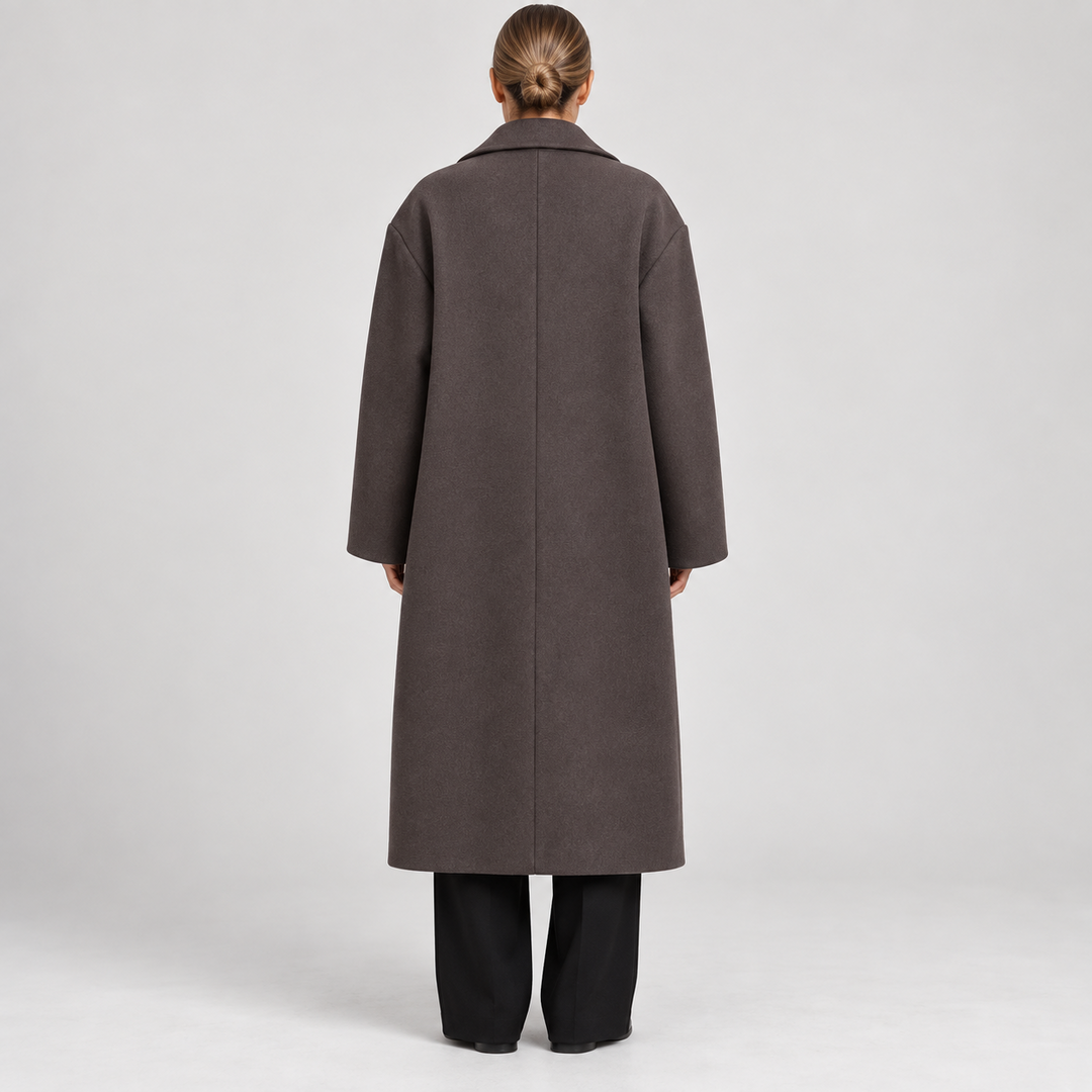 Back view of womens outerwear oversized long coat in stylish brown