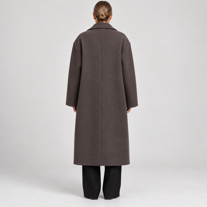 Back view of womens outerwear oversized long coat in stylish brown