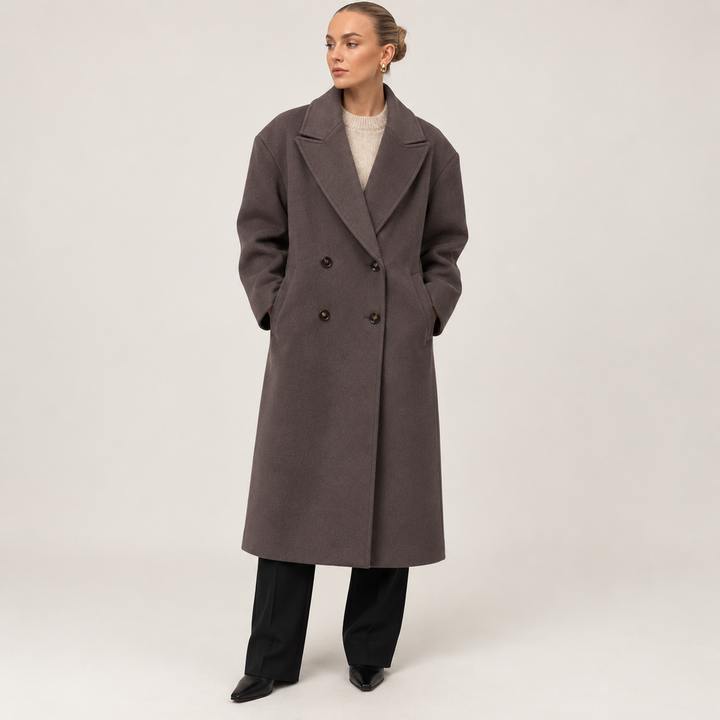 Womens oversized long coat in brown featuring double-breasted button closure