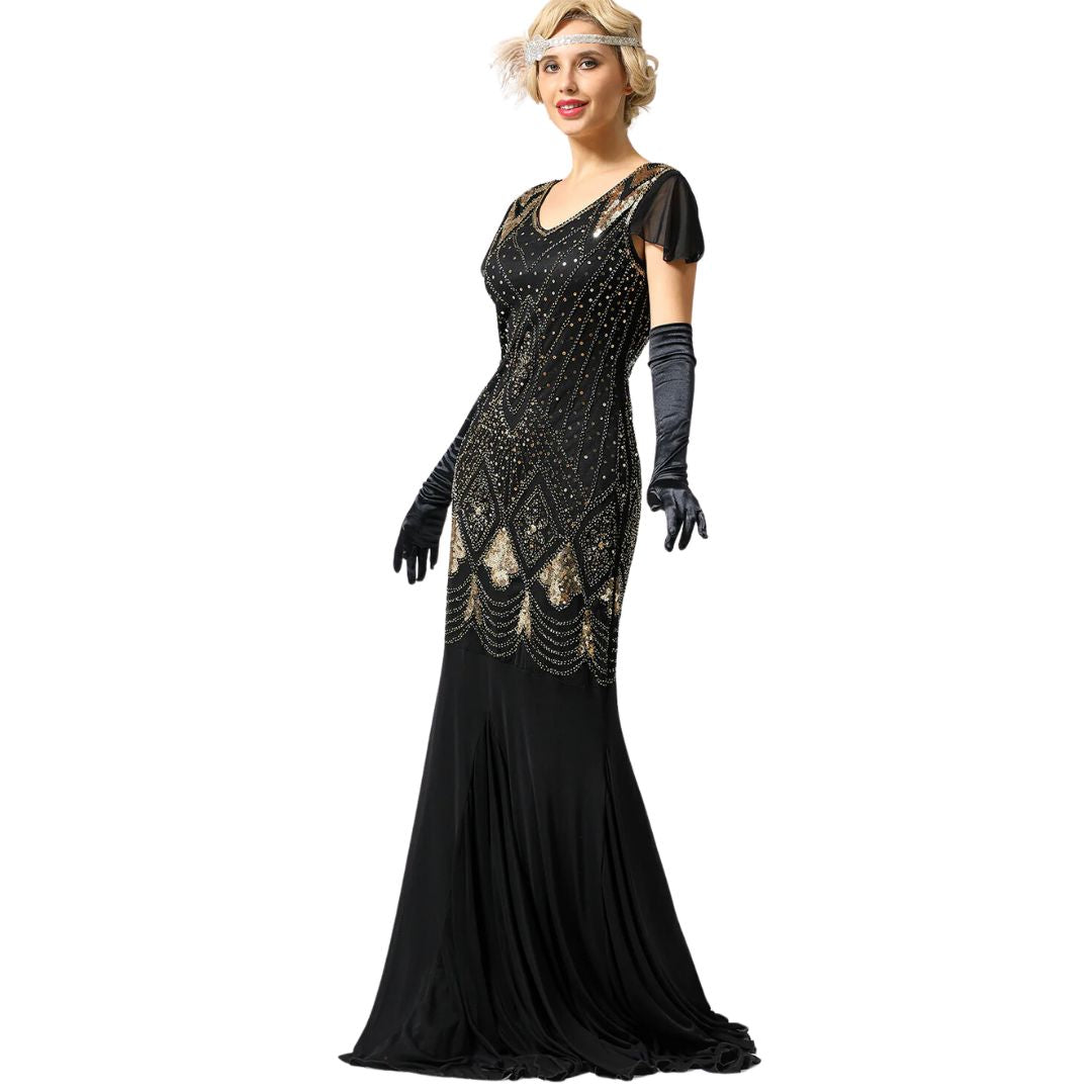 Back view of long vintage 1920s sequin dress for women showing elegant evening style