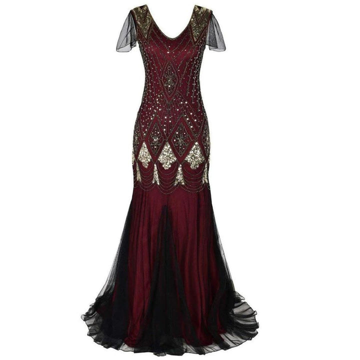 Side view of womens sparkling 1920s sequined flapper evening dress showing vintage silhouette