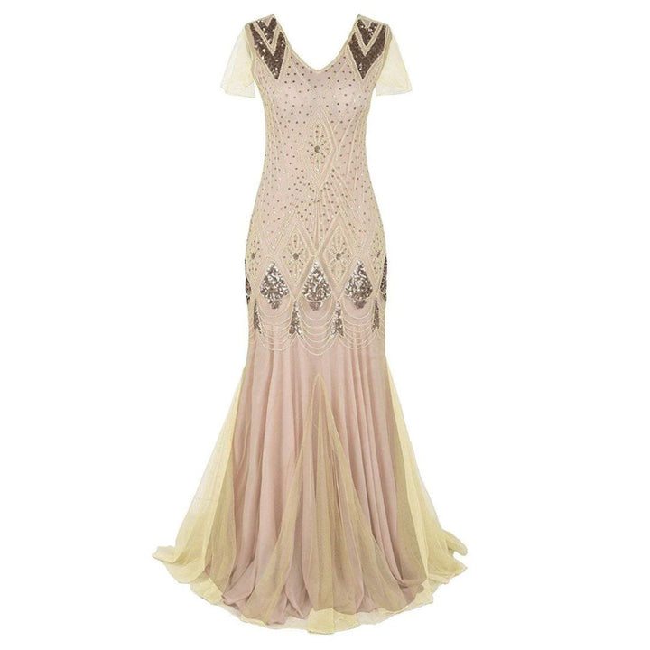 Close up of intricate beadwork and sequins on the 1920s flapper dress party gown