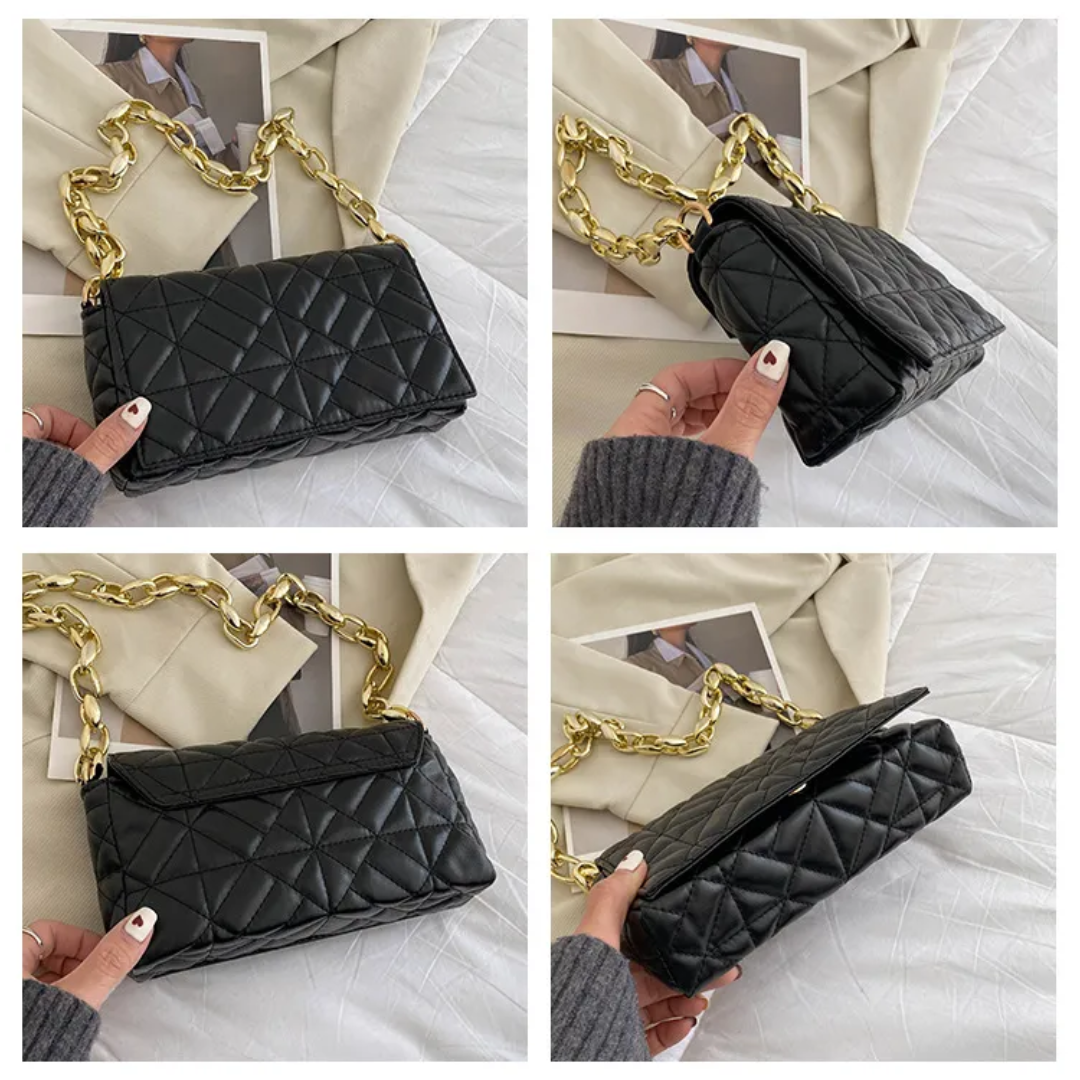 Back view of black women's handbag in elegant jacquard fabric