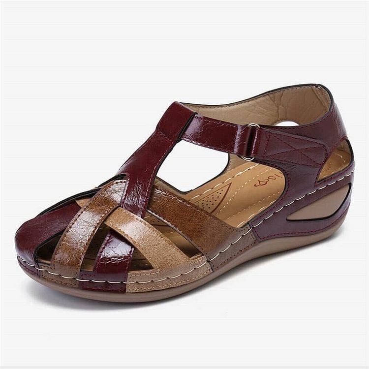 Red woven T-Strap platform sandal angled view
