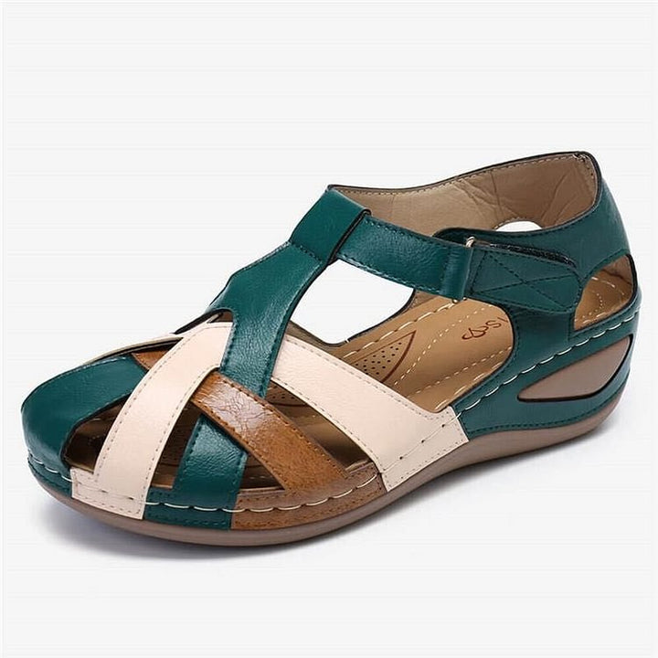 Green woven T-Strap platform sandal angled view