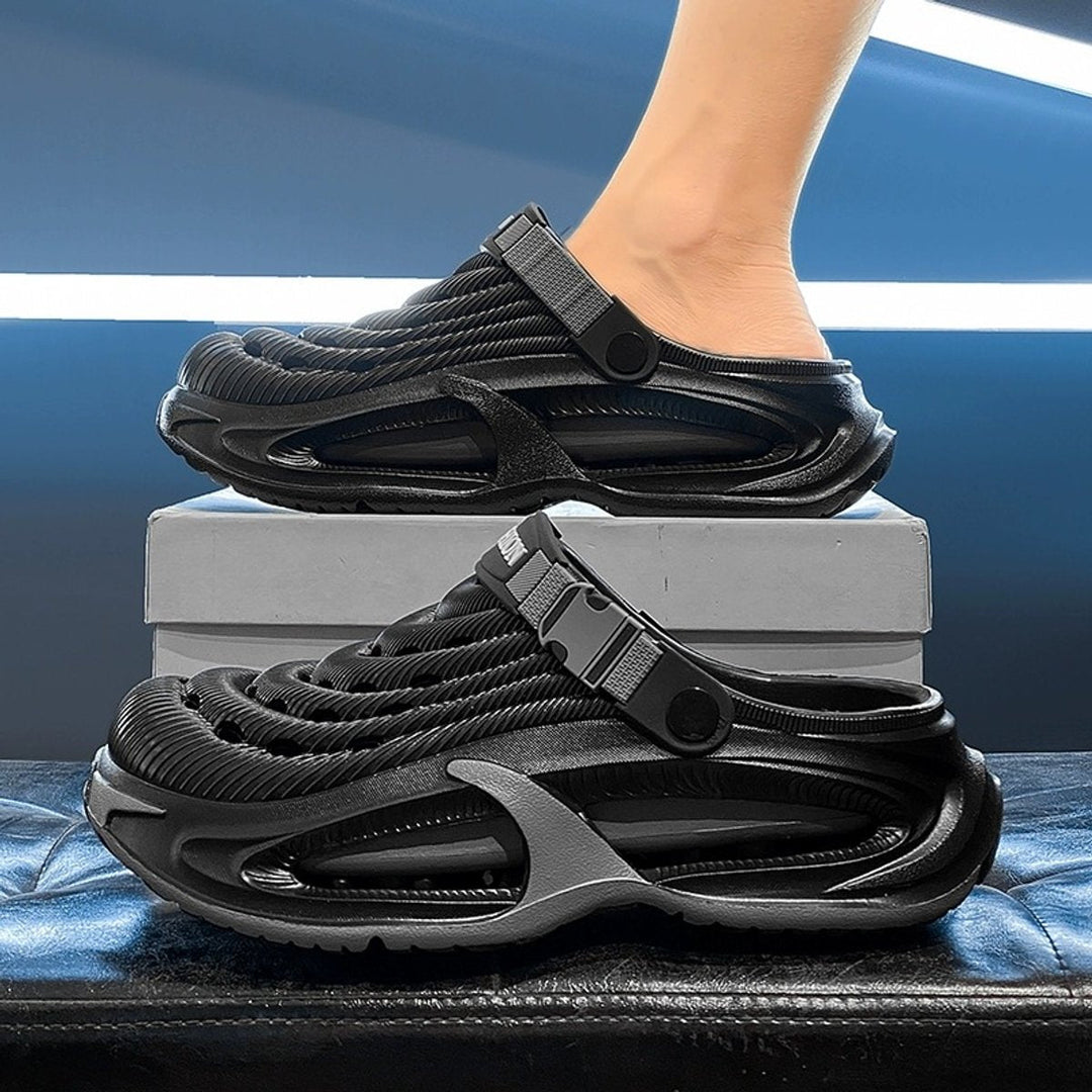Mens non-slip convertible clog sandals and water shoes shown from a back angle, highlighting the adjustable heel strap and tr