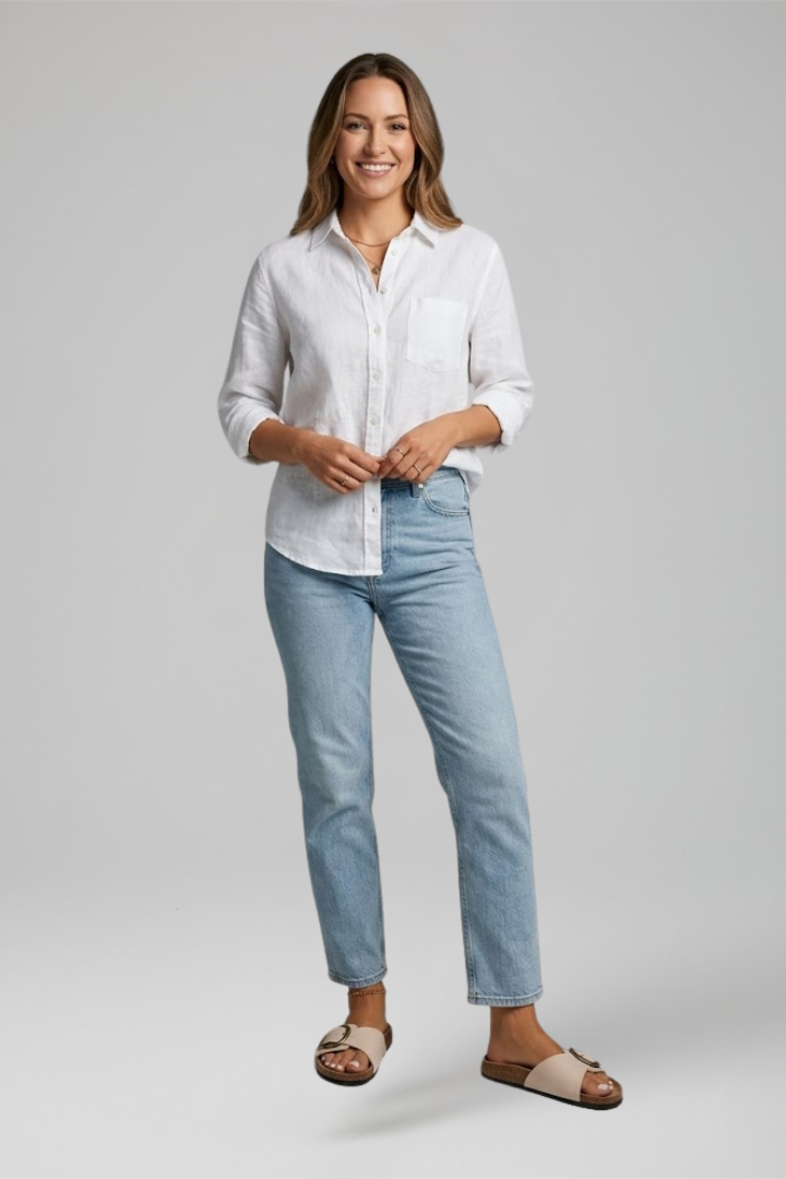 Model wearing white shirt, jeans and beige flat buckle sandals