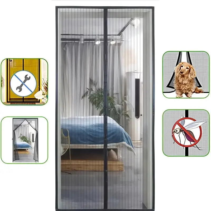 Magnetic insect screen door installed in a room with pet and pest icons