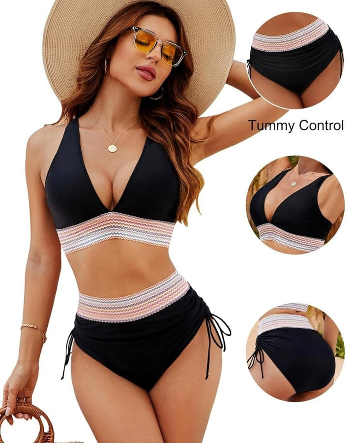 Size chart and fit guide graphic for womens bikini swimwear