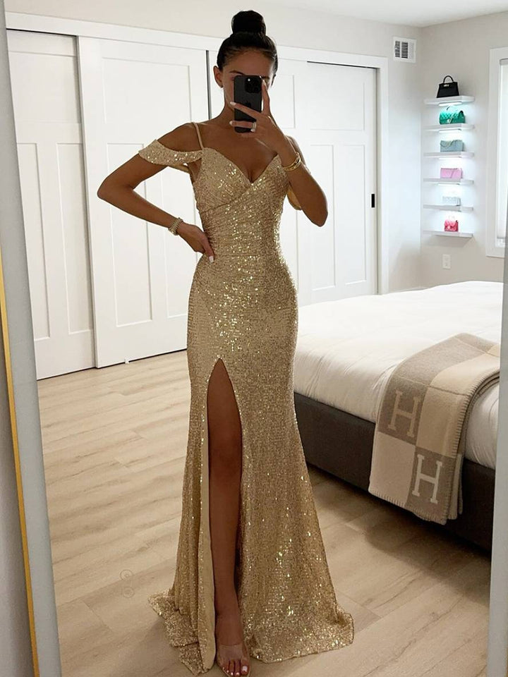 Close-up of the stylish silhouette and sparkling fabric of the women's formal evening dress