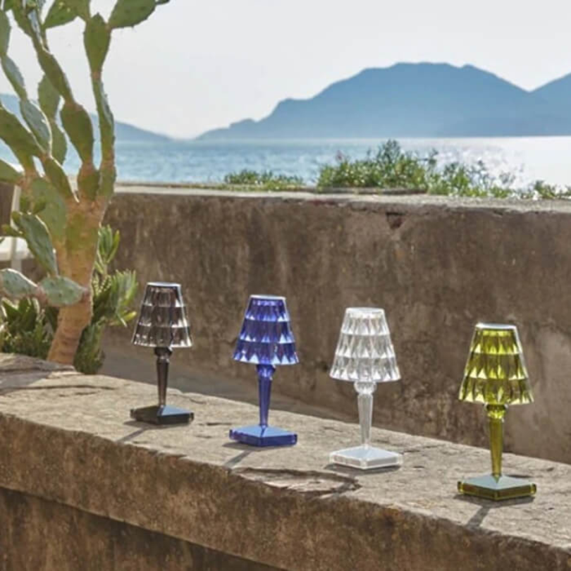 Stylish mood lighting crystal lamp placed on a wooden console table