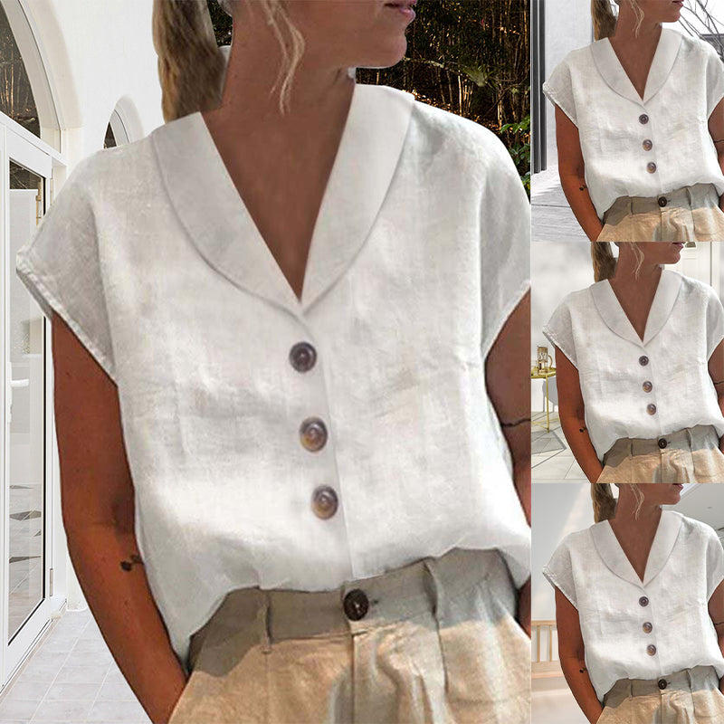 Woman wearing a white collared button blouse with short sleeves