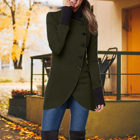 Stylish women's asymmetric button windbreaker jacket in classic chic outerwear style