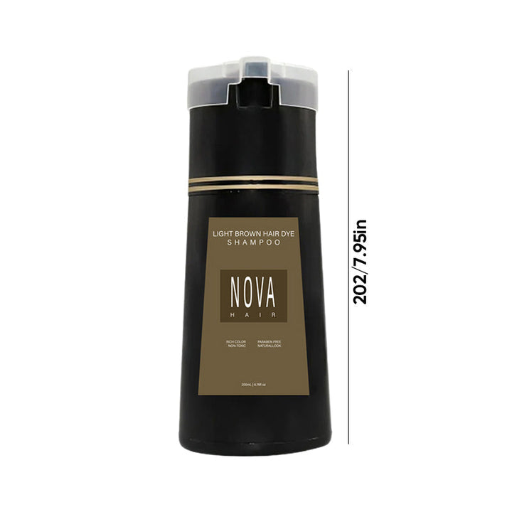 Herbal hair dye shampoo bottle lifestyle shot in modern bathroom setting