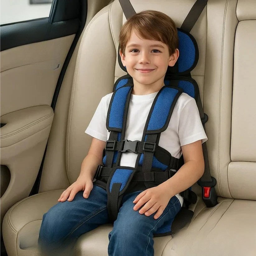 Child car seat back view showing vehicle attachment straps