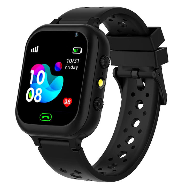 Black children's GPS smart watch with digital display and silicone strap
