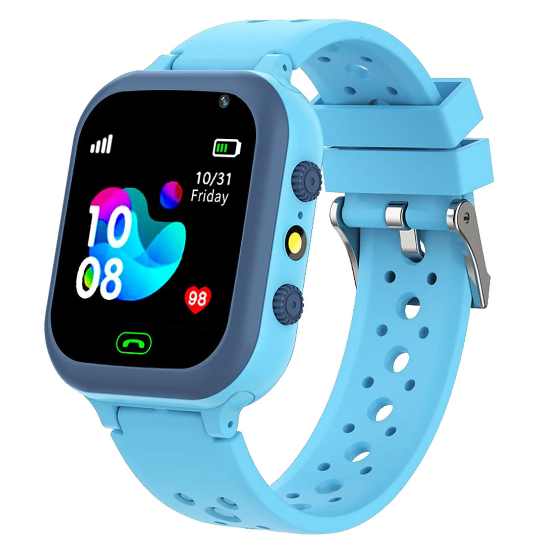 Blue children's GPS smart watch with camera and connectivity icons