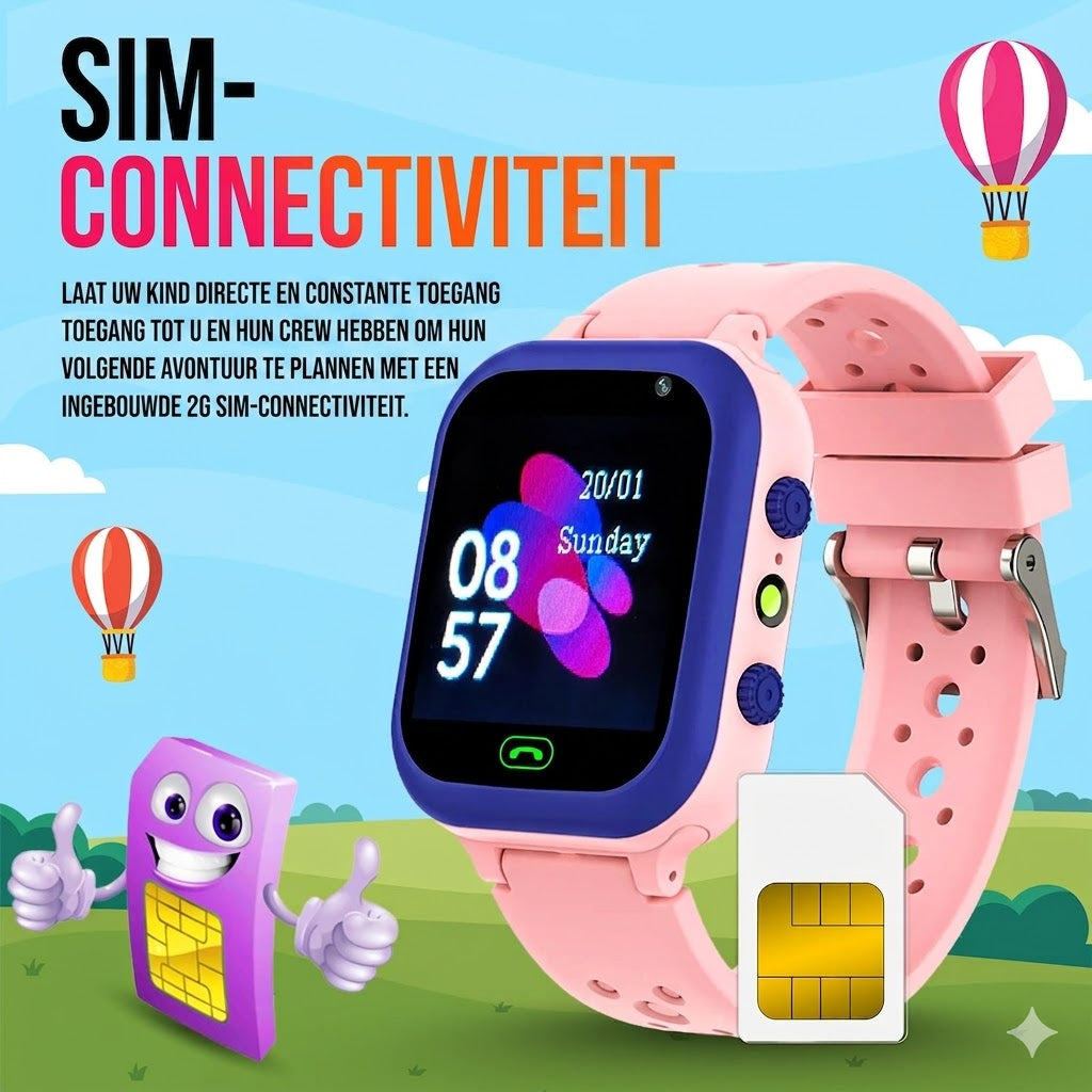 SOS smartwatch for kids displaying emergency location tracking map on screen